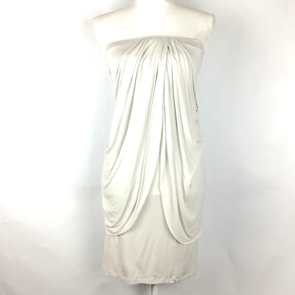 Light gray Velvet (brand) strapless, draped dress. - Picture 1 of 7
